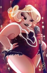 2d black_leotard black_lipstick blonde_hair chubby demon demon_girl flapper hazbin_hotel jewelry lighting microphone mimzy_(hazbin_hotel) pearl_bracelet pearl_hair_ornament pearl_necklace pearls plus_size showgirl vivienne_medrano