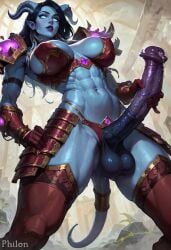 1girls abs ai_generated animal_genitalia animal_genitalia_on_humanoid armor big_balls big_penis bikini_armor black_hair blue_eyes blue_sclera blue_skin breasts clothing_aside colored_skin demon demon_girl demon_tail draenei draenei_futa earrings erection futanari futanari_masturbation gloves glowing glowing_eyes hand_on_own_hip horns horsecock horsecock_futanari horsecock_on_humanoid huge_cock jewelry large_breasts large_penis lips long_hair muscular muscular_female navel pauldrons penis philon pointy_ears precum precum_drip red_gloves ruined sex_toy shoulder_armor solo solo_futa stable_diffusion sweat tail testicles thighhighs uncensored veins veiny_penis world_of_warcraft