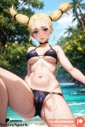 1girls ai_generated bikini blonde_hair cameltoe choker commission female jujutsu_kaisen nishimiya_momo patreon patreon_username solo sultryspark twintails yellow_hair