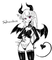 1girls black_thighhighs black_thong collar cute_fang demon_tail female female_focus female_only horns humanized inanimate_insanity kint kinto-bean latex latex_clothing long_hair looking_at_viewer monochrome object_shows pink_eyes pointy_ears pubic_tattoo red_eyes salt_(ii) sketch skimpy smile solo solo_female succubus tail text thighhighs white_background wings