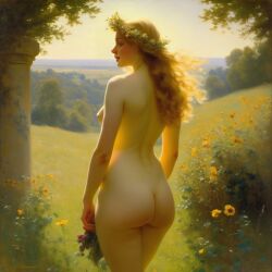 ai_generated ass back back_view big_ass blonde_hair curly_hair curvy field lips long_hair meadow nude presenting realistic small_breasts smile solo sun william_bouguereau