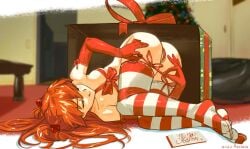 1girls aseiusx ass asuka_langley_sohryu christmas_present naughty_face neon_genesis_evangelion ribbon striped_thighhighs thighhighs tongue tongue_out