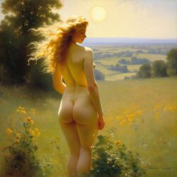 ai_generated ass back back_view big_ass blonde_hair curly_hair curvy field lips long_hair meadow nude presenting realistic small_breasts smile solo sun william_bouguereau