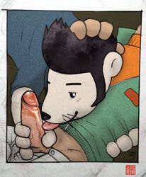 2boys anthro black_hair brown_fur buddy_thunderstruck buddy_thunderstruck_(series) canine clothing darnell_(buddy_thunderstruck) erection ferret fur gay hair hand_on_head humanoid_penis male male_only mammal mustelid penis retracted_foreskin sweaciabic tongue tongue_out uncut whiskers white_fur yaoi