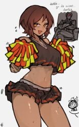 1boy 1girls brown_hair brown_skin cheerleader cheerleader_uniform dante_(limbus_company) dark-skinned_female dark_skin female limbus_company open_mouth outis_(limbus_company) project_moon red_eyes shigezie short_hair smile vergilius_(limbus_company) yellow_eyes