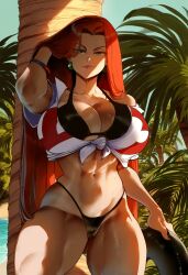 1girls abs ai_generated beach big_breasts earings female hair_down jessie_(pokemon) muscular_female novelai pokemon pose red_hair solo solo_female sunset thiccwithaq_(ai_style) thick_thighs twitwit