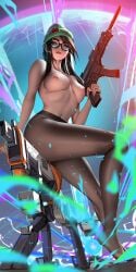 1girls assault_rifle beanie big_breasts curvy_figure female glasses gun killjoy_(valorant) large_breasts legs legwear liang_xing pantyhose sitting solo stockings tagme thick_thighs thighs topless valorant very_high_resolution