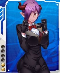 00s blazer bow bowtie breasts card_(blue-r) card_(medium) card_(r) demon_girl demon_horns female female_focus formal gloves hair_over_one_eye horns jacket large_breasts lilith-soft oerba_yun_fang office_lady official_art pink_hair pointy_ears red_eyes scar shindol solo taimanin_(series) taimanin_asagi taimanin_asagi_battle_arena taimanin_asagi_battle_arena_all_card_gallery taimanin_asagi_kessen_arena velvet_(taimanin_asagi_battle_arena) vest