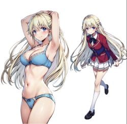 ai_generated armpits arms_above_head belly_button blonde_hair blue_eyes blue_underwear blushing classroom_of_the_elite long_hair nanase_tsubasa posing_for_the_viewer school_uniform smiling stomach white_background white_skirt wsax