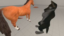 2017 3d absurd_res all_fours animal_genitalia animal_penis anthro breasts canine curious detailed duo equine equine_penis fad_drag0n female feral hi_res horse horsecock male mammal masturbation nipples nude penis source_filmmaker standing wolf