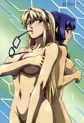 2girls andou_masahiro areolae back-to-back blonde_hair blue_hair blush breasts cleavage covering covering_breasts female freezing freezing_(series) glasses glasses_in_mouth glasses_removed green_eyes groin hairband high_resolution large_breasts light-skinned long_hair looking_back megami megami_magazine megane mouth_hold multiple_girls navel nude official_art rana_linchen satellizer_el_bridget sideboob tibetan very_high_resolution