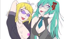 2girls accurate_art_style aqua_eyes aqua_hair areolae arms_behind_head arms_up blossomtea blue-tinted_eyewear blue_eyebrows blue_eyes blue_hair blue_necktie bow_hairband breasts buttons cleavage club_kamikaze_(vocaloid) collarbone earrings edit edited edited_image edited_official_artwork elbow_gloves ell182a_(masa_works_design) eyebrows eyebrows_visible_through_hair eyelashes eyelashes_visible_through_hair eyeshadow eyewear glasses gloves grey_gloves hair_ribbon hairband hairclip hatsune_miku headband ibispaintx kagamine_rin long_gloves long_hair looking_at_viewer masa_works_design matching_hair/eyes medium_breasts multiple_girls mv_character nipples no_bra nude_edit nude_filter official_art official_artwork_edit open_mouth open_mouth_smile open_shirt partially_nude partially_nude_female pink_eyeshadow pink_nipples purple-tinted_eyewear red_hair_ribbon red_lips red_lipstick round_eyewear round_glasses sanpaku screencap screencap_edit screenshot screenshot_edit self_upload short_sleeved_shirt short_sleeves simple_background sleeveless sleeveless_shirt smile teeth third-party_edit tinted_eyewear tinted_glasses tongue twintails upper_body upper_teeth upper_teeth_only vocaloid white_background white_hairclip yellow_eyebrows yellow_eyes yellow_hair