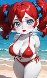 1female 1girls ai_generated arms_behind_back beach belly_button big_breasts bikini blue_bow blue_eyes blush bow breasts eyelashes female female_focus female_only freckles freckles_on_face lips lipstick looking_at_viewer navel ocean pixai poppy_(poppy_playtime) poppy_playtime red_bikini red_hair red_lipstick red_swimsuit sand short_stack shortstack smile smiling smiling_at_viewer swimsuit thighs twintails twintails urikoito water white_body white_skin