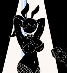 artist_request bangs black_and_white blush blush_lines blushing bow bunny_ears bunnysuit embarrassed fishnet_legwear fishnets money monochrome no_face no_neck offering_money pole pole_dancer pole_dancing ponytail spotlight stick_figure sweating sweaty sweaty_body sweaty_breasts