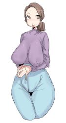 1girls blue_leggings blue_legwear blue_tighs blush blushing breasts brown_hair brunette brunette_hair camel_toe cameltoe earrings erect_nipples female forehead hands_together large_breasts leebongchun long_sleeves low_ponytail mature mature_female milf nipple_bulge nipples nipples_visible_through_clothing original original_character pearl_earrings ponytail purple_topwear solo tight_clothes tight_clothing tights turtleneck