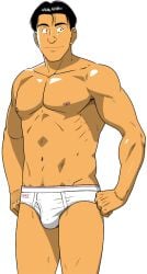 10s 1boy 2018 armpit_hair black_hair briefs bulge first_porn_of_character first_porn_of_franchise gay human male male_only master_keaton muscular muscular_male nipples simple_background solo tagme taichi_keaton taku_hiraku underwear white_background white_underwear