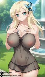 ai_generated babydoll blonde_hair blue_eyes blue_nails blush boku_wa_tomodachi_ga_sukunai butterfly_hair_ornament cleavage day gumi_arts hand_on_breast huge_breasts lace_trim looking_at_viewer nail_polish navel nipples outdoors panties see-through sena_kashiwazaki stable_diffusion sunlight