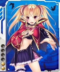 00s alto_seneka bat_(animal) blonde_hair card_(blue-r) card_(medium) card_(r) demon_girl demon_horns female female_focus horns krishna_(taimanin_asagi) lilith-soft official_art pointy_ears skirt solo taimanin_(series) taimanin_asagi taimanin_asagi_battle_arena taimanin_asagi_battle_arena_all_card_gallery taimanin_asagi_kessen_arena