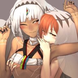 2girls altera_(fate) arm arm_up back_kiss bare_arms bare_shoulders black_nails blush breast_grab breasts choker clenched_hand closed_mouth clothed_female_nude_female collarbone couple dark-skinned_female dark_skin fate/extella fate/extella_link fate/grand_order fate_(series) female fujimaru_ritsuka_(female) grabbing grabbing_from_behind grey_background half-closed_eyes hand_up hands highres hug hug_from_behind i-pan interracial kissing looking_at_another looking_at_viewer multiple_girls nail_polish nipple_tweak nude one_eye_closed orange_eyes orange_hair red_eyes revealing_clothes see-through short_hair side_ponytail simple_background small_breasts type-moon upper_body veil white_choker white_clothes white_hair wince yuri