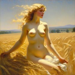 ai_generated belly blonde_hair blue_eyes breasts curly_hair curvy field halo lips long_hair navel nipples nude presenting realistic small_breasts smile solo sun wheat wheat_field william_bouguereau