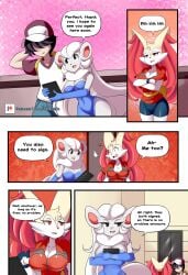 braixen bray_(lucyfercomic) cincci_(lucyfercomic) cinccino cleavage comic female_pokemon furry lucyfercomic no_sex pokemon pokemon_(species) pokemon_trainer signing_contract speech_bubble talking_to_self unamused