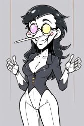 4_fingers ai_generated black_blazer black_hair blazer breasts crazy deltarune female genderswap_(mtf) glasses gray_background long_hair long_nose pantsless pixai puppet pussy red_cheeks rule_63 shiny_hair short short_girl slicked_back_hair smile smiling solo spamton_g_spamton vagina white_skin