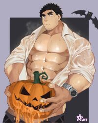 1boy abs ameno_mikazuki bara bare_pectorals black_hair clothed_masturbation clothes_pull cowboy_shot facial_hair goatee_stubble halloween highres jack-o'-lantern large_hands large_pectorals male_focus male_masturbation masturbation mature_male muscular muscular_male nipples pants pants_pull pectorals pumpkin_masturbation senpai_ga_uzai_kouhai_no_hanashi shirt short_hair sideburns solo standing steaming_body stomach stubble sweaty_clothes takeda_harumi_(shiromanta) thick_eyebrows wet wet_clothes wet_shirt