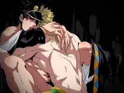 2boys age_difference anal black_hair black_hair_bottom blonde_hair blonde_hair_on_black_hair blonde_hair_top dio_brando domination gay jojo's_bizarre_adventure jotaro_kujo less_end light_hair_on_dark_hair male male/male male_only male_penetrated male_penetrating male_penetrating_male panties_around_leg partially_clothed penetration rape stardust_crusaders tears yaoi younger_male