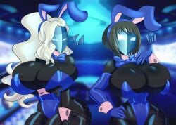 2girls after_transformation arm_sleeves bare_shoulders big_breasts black_hair black_skin blue_bowtie blue_bunnysuit blue_clothing blue_gloves blue_leotard brainwashed brainwashing breasts_bigger_than_head bubble_ass bubble_butt bunny_costume bunny_ears bunny_ears_headband bunny_girl bunny_waitress cleavage cleavage_overflow clothed_female enemy_conversion female female_only fishnet_legwear fishnet_stockings fishnets gloves hand_on_hip hand_under_breasts huge_breasts limousine long_hair margaret_(persona) marie_(persona_4) masked masked_female mind_control mtvoomer multiple_girls persona persona_4 persona_5 platinum_blonde_hair post_transformation round_ass round_breasts round_butt shadow_(persona) shadow_waitress shin_megami_tensei slim_waist small_waist thick_ass thick_thighs velvet_room waitress wide_hips