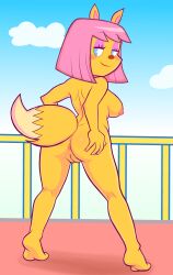 absurd_res anthro anus ass barefoot blackmore blush breasts butt_grab canid canine cloud feet female flash fox hand_on_butt hi_res interactive looking_back mammal nipples nude pac-man_eyes parappa_the_rapper paula_fox rapper solo sony_corporation sony_interactive_entertainment tail um_jammer_lammy