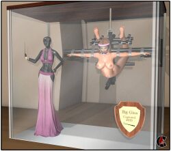 3d blonde_hair bondage centrilia completely_nude completely_nude_female mannequin nude nude_female suspension_bondage trophy_case