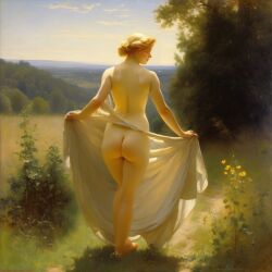 ai_generated ass back back_view big_ass blonde_hair curly_hair curvy field lips long_hair meadow nude presenting realistic small_breasts smile solo sun tied_hair william_bouguereau