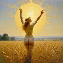 ai_generated ass back back_view big_ass blonde_hair curly_hair curvy field lips long_hair nude presenting realistic small_breasts smile solo sun wheat wheat_field william_bouguereau