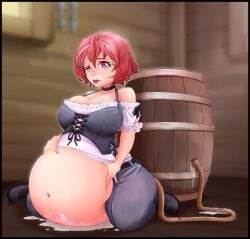 belly_button belly_expansion belly_inflation cow_girl_(goblin_slayer) goblin_slayer grabbing_own_belly hose_in_butt hose_inflation inflation inflation_fetish liquid_inflation milk milk_inflation navel red_hair