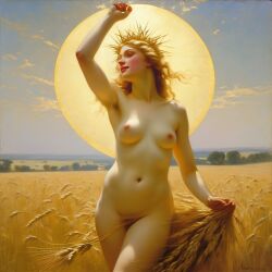 ai_generated belly blonde_hair blue_eyes breasts crown_of_thorns curly_hair curvy field halo lips long_hair navel nipples nude presenting pubic_hair realistic small_breasts smile solo sun wheat wheat_field william_bouguereau