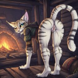 ai_generated bent_over cum_in_pussy female heterochromia khajiit khajiit_female rataddict the_elder_scrolls thief white_fur