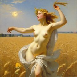 ai_generated belly blonde_hair blue_eyes breasts convenient_censoring curly_hair curvy field flower_in_hair halo lips long_hair navel nipples nude presenting realistic small_breasts smile solo sun wheat wheat_field william_bouguereau