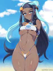 1girls alternate_version_available black_hair blue_eyes breast_tattoo breasts dark-skinned_female dark_skin female large_breasts long_hair ludinsketches nessa_(pokemon) nintendo pokemon pokemon_ss queen_of_pokemon tattoo thick_thighs underboob wide_hips