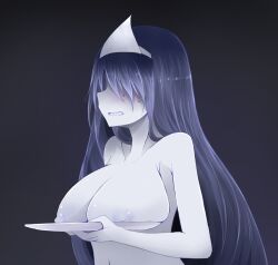 arano_oki black_hair blush breast_rest breasts carried_breast_rest carrying female female_focus ghost ghost_girl gradient_background hair_over_eyes large_breasts long_hair nipples nude okiku_(banchou_sarayashiki) open_mouth pale_skin solo touhou triangular_headpiece