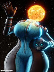 1girls 2020s 2024 3d 3d_(artwork) 5_fingers big_breasts big_thighs breasts curvy curvy_figure doonography eternal_wanderer female female_focus female_only fortnite glowing_eyes hi_res highres hips hourglass_figure in_space jumpsuit large_breasts large_thighs skull slim slim_waist solo solo_female solo_focus space sun thick_thighs thighs waving waving_at_viewer wide_hips