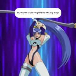 animated battle_armor bikini_bottom blue_hair female long_socks sex_demon_queen spinning talking yarima_queen yuri_(sex_demon_queen)