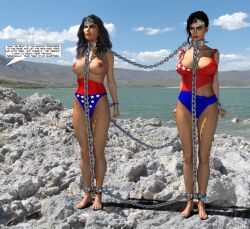 2girls 3d black_hair bondage bound bound_ankles bound_wrists chained chained_wrists dc_comics english_text multiple_girls shackles speech_bubble thejpeger topless topless_female wonder_girl wonder_woman wonder_woman_(series)