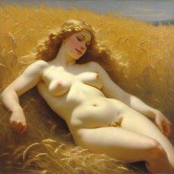 ai_generated belly blonde_hair blue_eyes breasts curly_hair curvy field lips long_hair lying medium_breasts navel nipples nude presenting pubic_hair realistic smile solo wheat wheat_field william_bouguereau