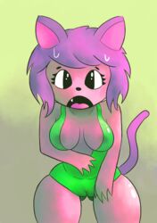 breasts cameltoe cleavage clothed clothing fangs feline fizwack fur hair invalid_tag looking_at_viewer mammal open_mouth pink_fur purple_hair simple_background swimsuit