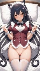 1girls ai_generated ai_hands black_hair blush brown_eyes cat_ears classroom_of_the_elite cute female_only head_on_pillow horikita_suzune legs legs_together long_hair looking_at_viewer lying_on_back lying_on_bed maid_outfit medium_ass medium_breasts no_panties pillow pussy pussy_lips skirt thigh_gap uncensored white_background white_stockings