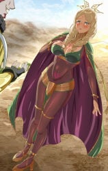 1boy 1girl blonde_hair blue_eyes blush bodystocking bonpay braid breasts bridal_gauntlets cape circlet cleavage corruption cosplay covered_navel dark_skin desert drill_hair emmeryn_(fire_emblem) facial_mark fire_emblem fire_emblem_awakening gangrel gangrel_(fire_emblem) hand_on_own_chest high_heels jewelry large_breasts long_hair nintendo open_mouth outdoors pubic_tattoo solo_focus tattoo