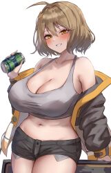 1girls anis_(nikke) breasts brown_eyes brown_hair cleavage female goddess_of_victory:_nikke hips huge_breasts light-skinned_female light_skin satou_aji short_hair short_shorts shorts tank_top thick_thighs thighs wide_hips