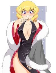 1girls artist_name black_dress blonde_hair breasts cleavage coat domino_(pokemon) dress female_only fur_coat grin looking_at_viewer nicolasgravelqc pokemon pokemon_(anime) purple_eyes robe short_hair solo solo_female solo_focus