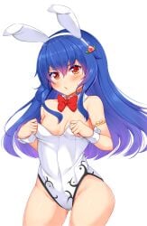 blue_hair bunny_ears bunnysuit daichi_(tokoya) flat_chest light-skinned_female light_skin long_hair looking_at_viewer open_mouth red_eyes small_breasts tenshi_hinanawi thighs touhou wide_hips