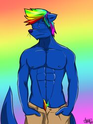 arrwulf blue_fur blue_nose fur hair male mammal multicolored_hair mustelid otter pose pubes purple_eyes rainbow_background rainbow_hair rainbow_pubic_fur simple_background yaoi